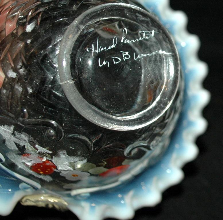 Vintage, Fenton Opalescent Ruffle Strawberry Glass Basket, Artist Signed.