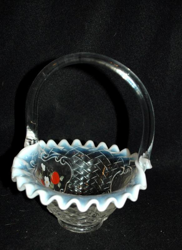 Vintage, Fenton Opalescent Ruffle Strawberry Glass Basket, Artist Signed.