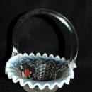 Vintage, Fenton Opalescent Ruffle Strawberry Glass Basket, Artist Signed.