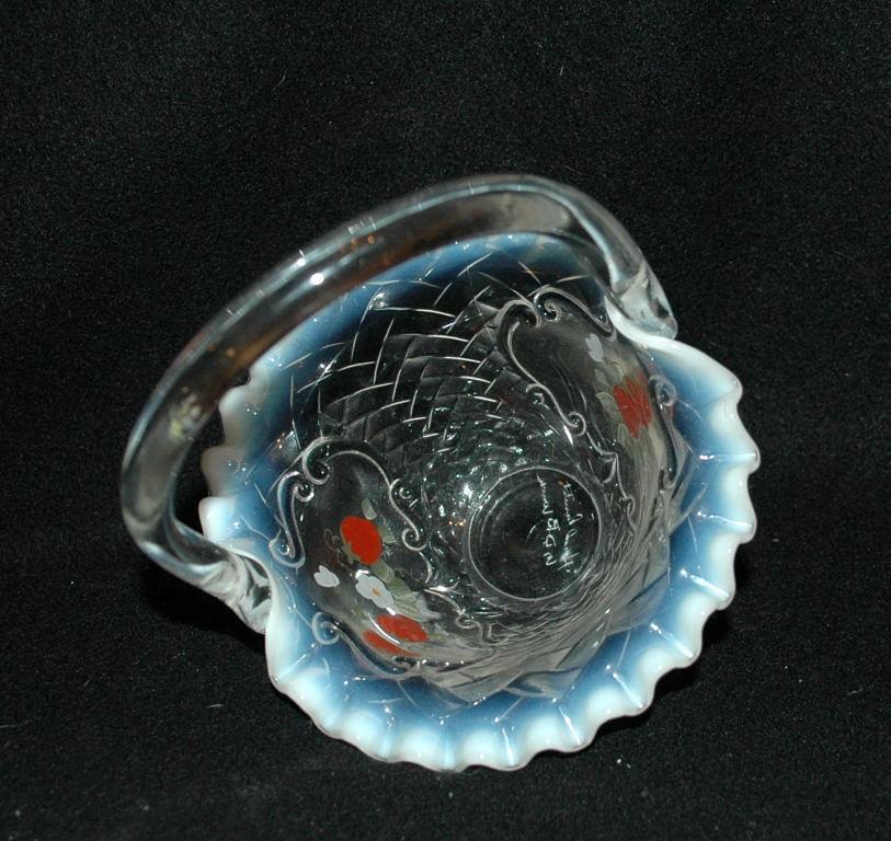 Vintage, Fenton Opalescent Ruffle Strawberry Glass Basket, Artist Signed.
