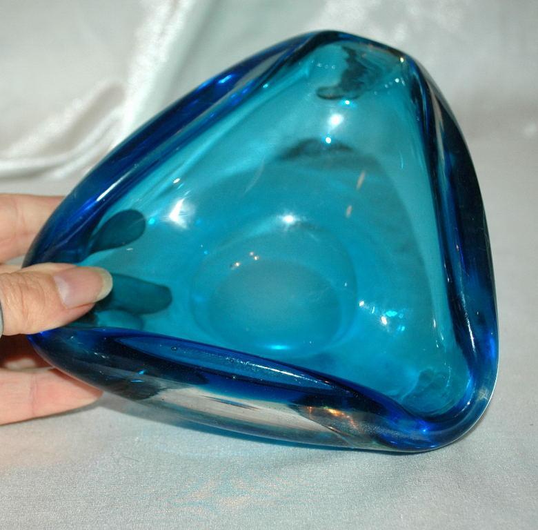 Heavy Blue Blown Glass Triangle Bowl or Ashtray Murano?