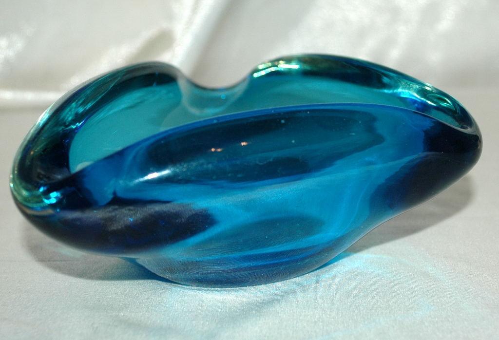 Heavy Blue Blown Glass Triangle Bowl or Ashtray Murano?