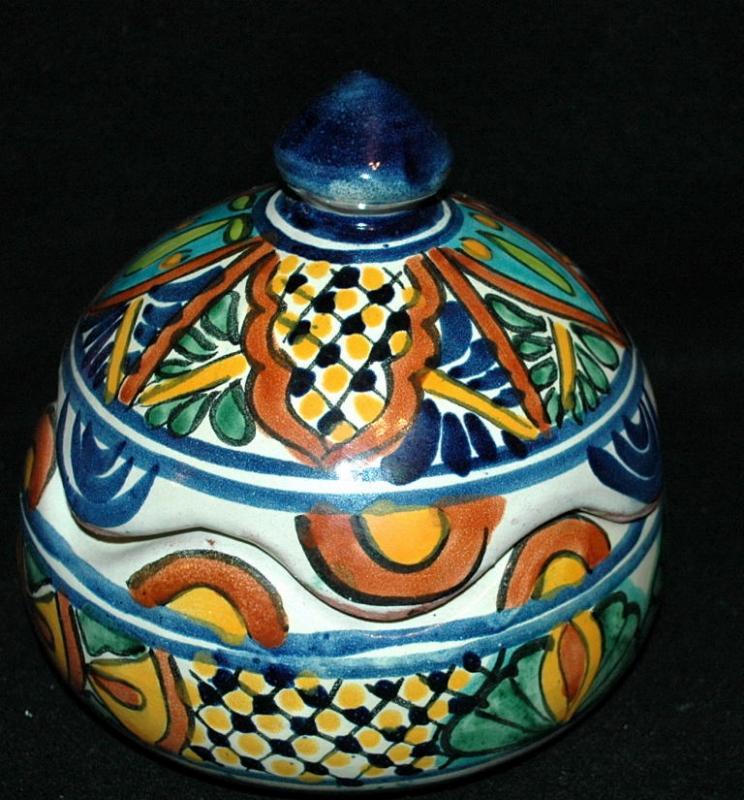 Very Old Talavera Lidded Bowl with Scalloped Edges Old Mexican Pottery