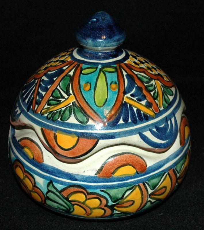 Very Old Talavera Lidded Bowl with Scalloped Edges Old Mexican Pottery