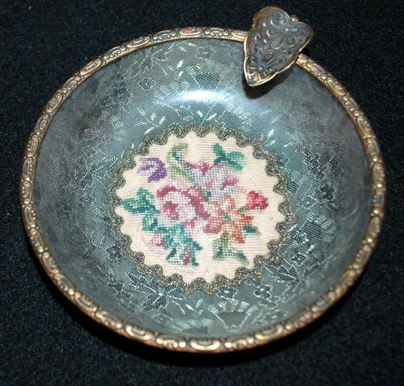 Beautiful Fine Needle Point and Tapestry Glass Lined Ashtray