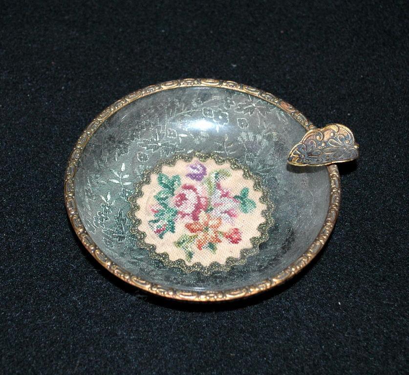 Beautiful Fine Needle Point and Tapestry Glass Lined Ashtray