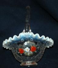 Vintage, Fenton Opalescent Ruffle Strawberry Glass Basket, Artist Signed.