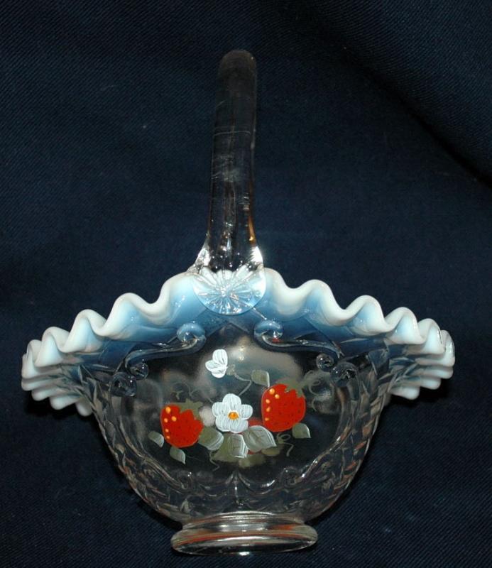 Vintage, Fenton Opalescent Ruffle Strawberry Glass Basket, Artist Signed.