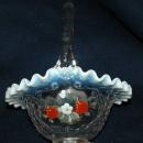 Vintage, Fenton Opalescent Ruffle Strawberry Glass Basket, Artist Signed.