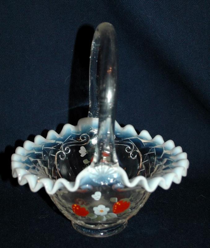 Vintage, Fenton Opalescent Ruffle Strawberry Glass Basket, Artist Signed.