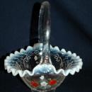 Vintage, Fenton Opalescent Ruffle Strawberry Glass Basket, Artist Signed.