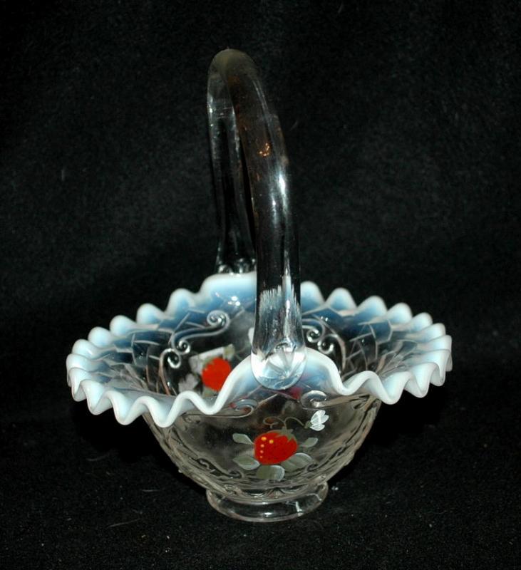Vintage, Fenton Opalescent Ruffle Strawberry Glass Basket, Artist Signed.