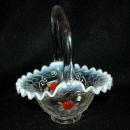Vintage, Fenton Opalescent Ruffle Strawberry Glass Basket, Artist Signed.