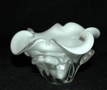 Murano Cased Glass White Bowl Lobed Ruffles