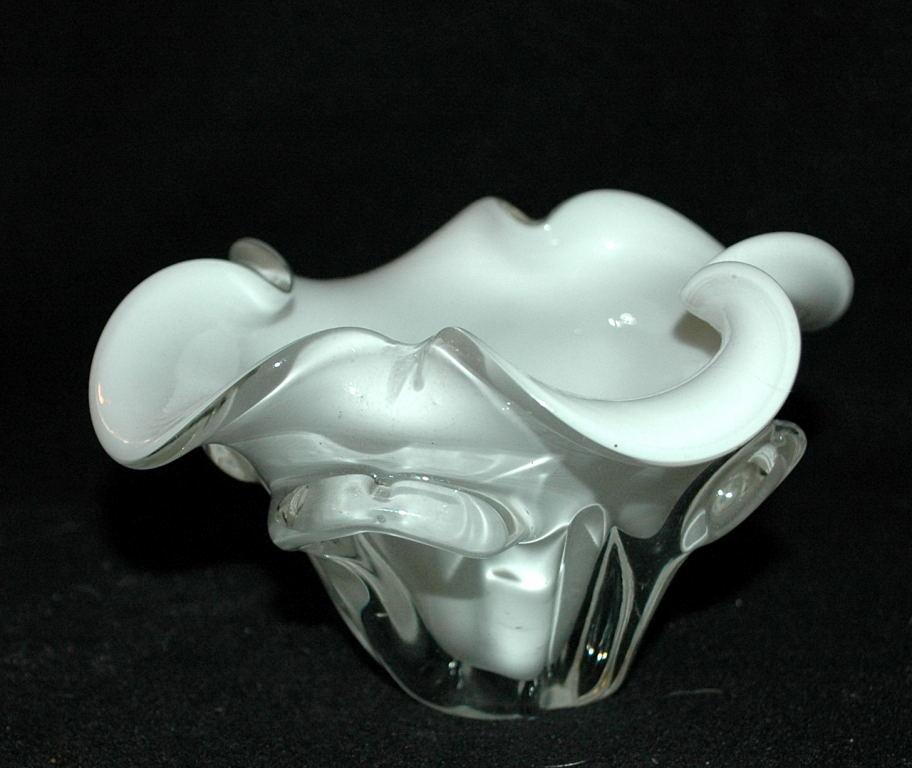 Murano Cased Glass White Bowl Lobed Ruffles