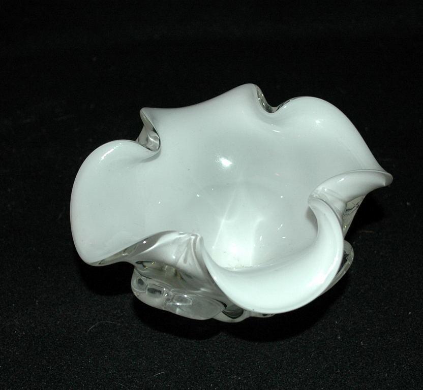Murano Cased Glass White Bowl Lobed Ruffles