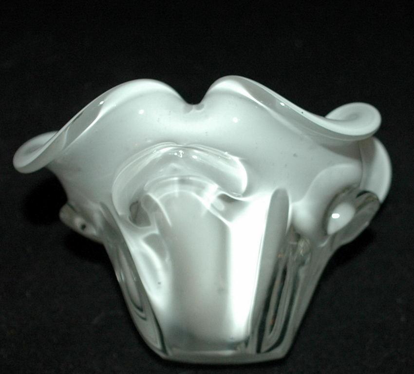 Murano Cased Glass White Bowl Lobed Ruffles