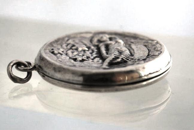 Antique Sterling Silver Locket with Reclining Lady on the Moon- European Hallmarked / Art Nouveau