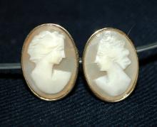 Large 14K Gold Carved Shell Cameo Earrings