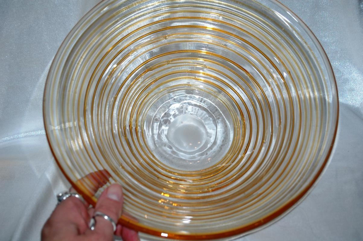 Blown Glass Serving or Fruit Bowl Peach - Amber glass with Rings