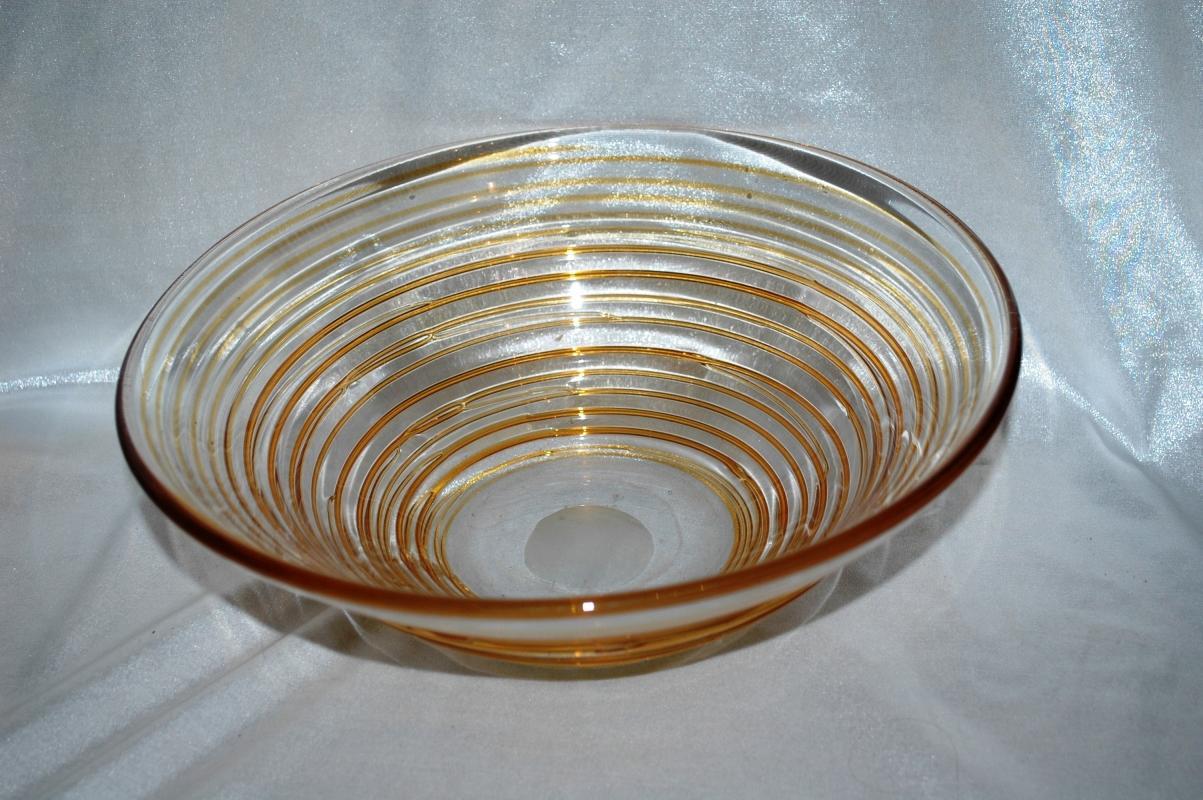 Blown Glass Serving or Fruit Bowl Peach - Amber glass with Rings