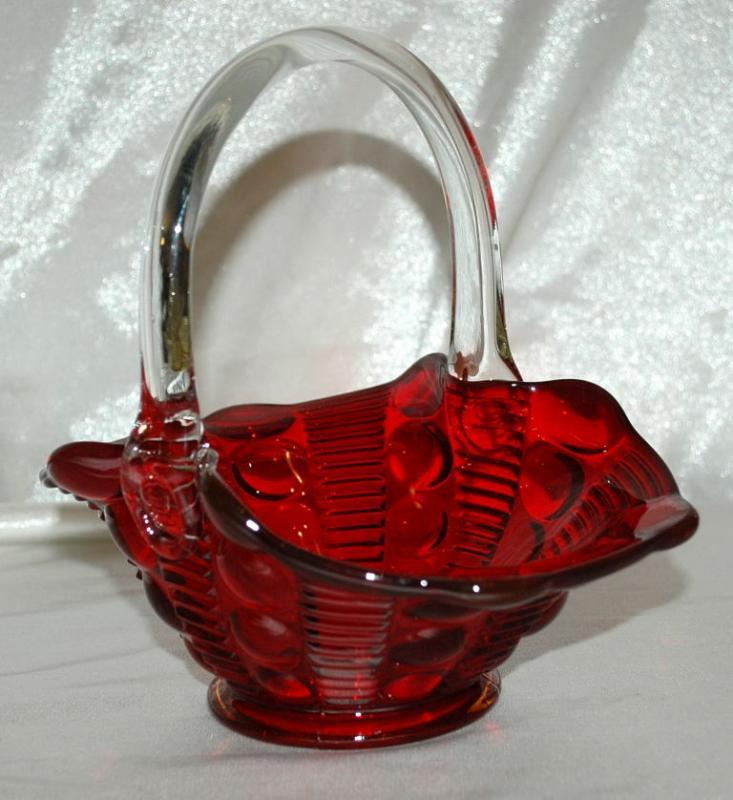 TIARA DEWDROP RUBY RED GLASS BRIDES BASKET DOT & RIB APPLIED HANDLE SIGNED