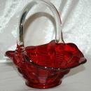 Red Art Glass Basket with Applied Clear Handle with D F Marked on Handle