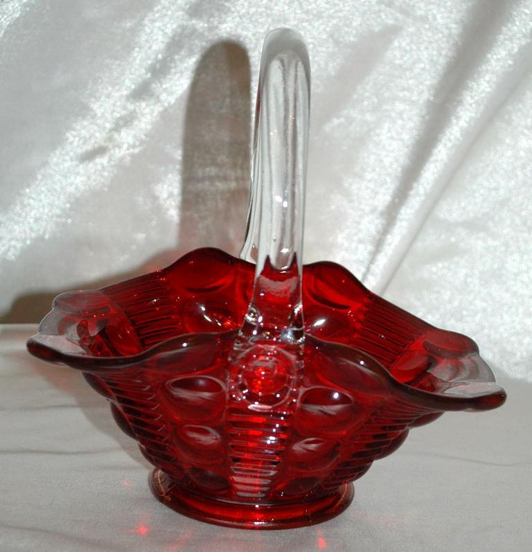 TIARA DEWDROP RUBY RED GLASS BRIDES BASKET DOT & RIB APPLIED HANDLE SIGNED