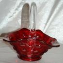 Red Art Glass Basket with Applied Clear Handle with D F Marked on Handle