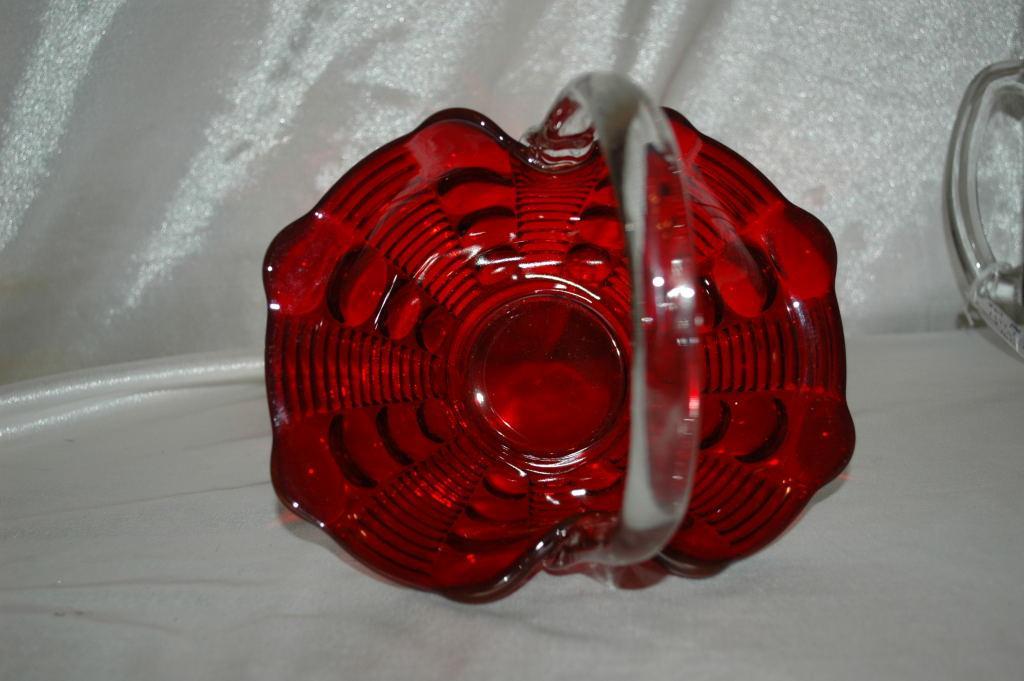 TIARA DEWDROP RUBY RED GLASS BRIDES BASKET DOT & RIB APPLIED HANDLE SIGNED