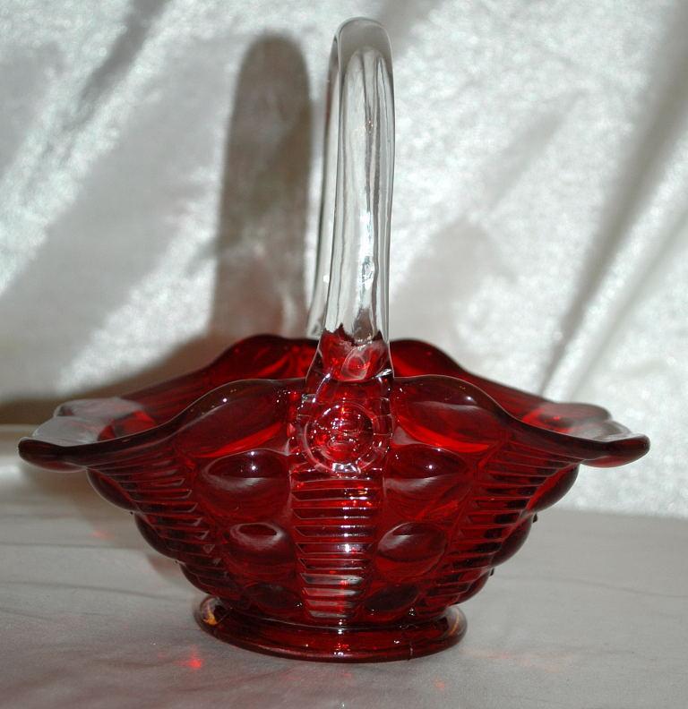 TIARA DEWDROP RUBY RED GLASS BRIDES BASKET DOT & RIB APPLIED HANDLE SIGNED