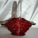 Red Art Glass Basket with Applied Clear Handle with D F Marked on Handle