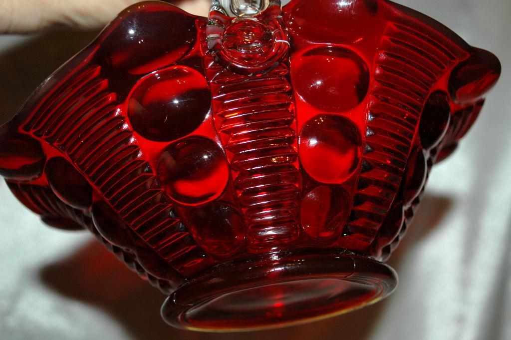 TIARA DEWDROP RUBY RED GLASS BRIDES BASKET DOT & RIB APPLIED HANDLE SIGNED