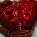 Red Art Glass Basket with Applied Clear Handle with D F Marked on Handle