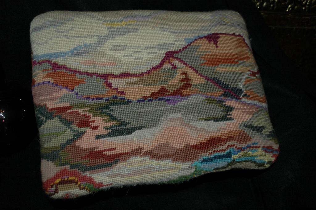 Nice Old Foot Stool with Mountain Landscape Tapestry