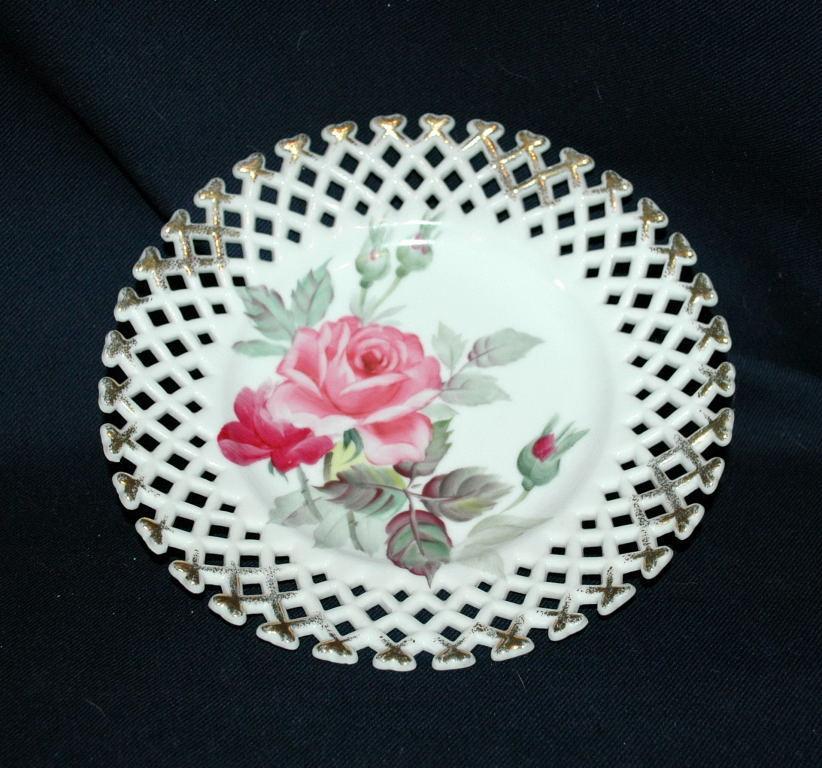 Lefton Reticulated Plate with Hand Painted Rose and Buds