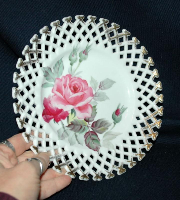 Lefton Reticulated Plate with Hand Painted Rose and Buds