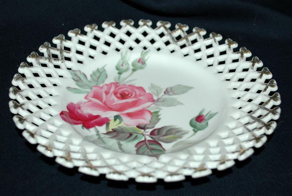 Lefton Reticulated Plate with Hand Painted Rose and Buds