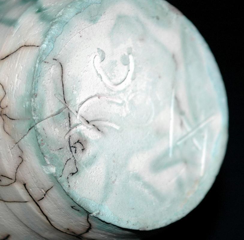 Blue and White Horse Hair StonewarePottery Vase signed