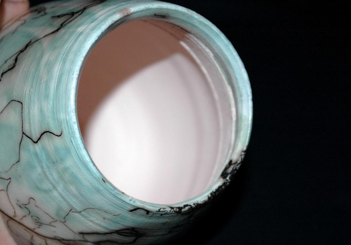 Blue and White Horse Hair StonewarePottery Vase signed