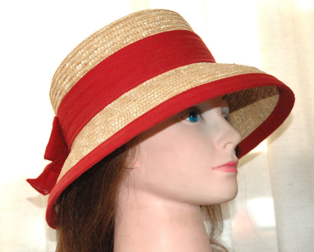 Adorable Straw Bucket Hat with Red Bow Band and Trim *PRICE REDUCTION!*