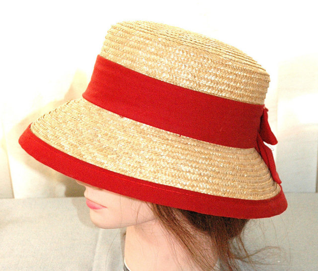 Adorable Straw Bucket Hat with Red Bow Band and Trim *PRICE REDUCTION!*