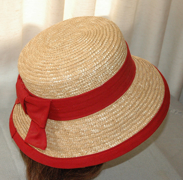 Adorable Straw Bucket Hat with Red Bow Band and Trim *PRICE REDUCTION!*