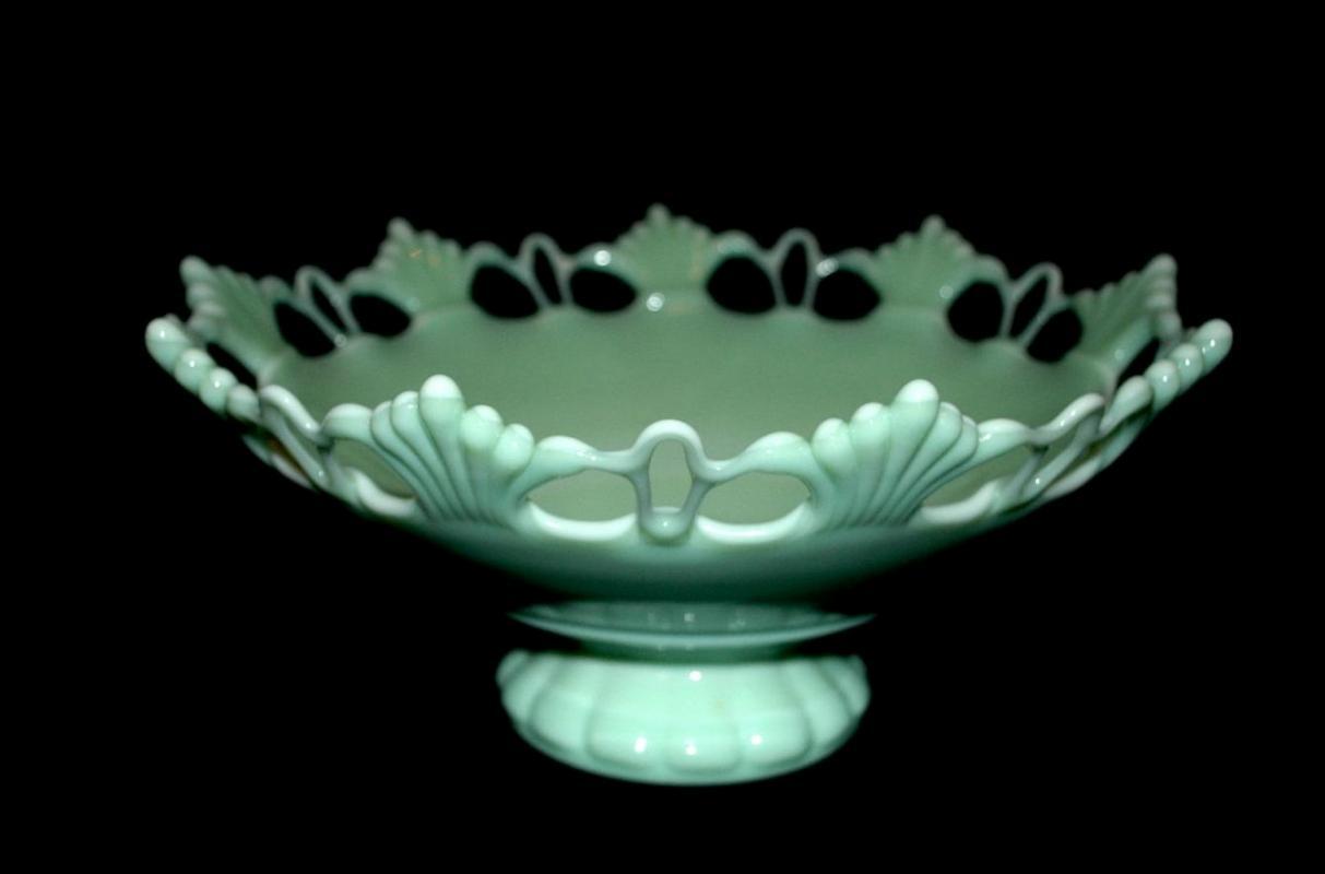 Westmoreland Elegant Jadeite Glass Footed Bowl Compote Open Work, Fan Detail