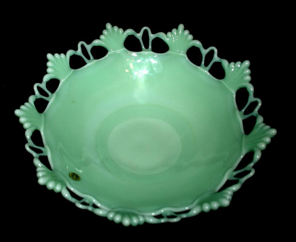 Westmoreland Elegant Jadeite Glass Footed Bowl Compote Open Work, Fan Detail