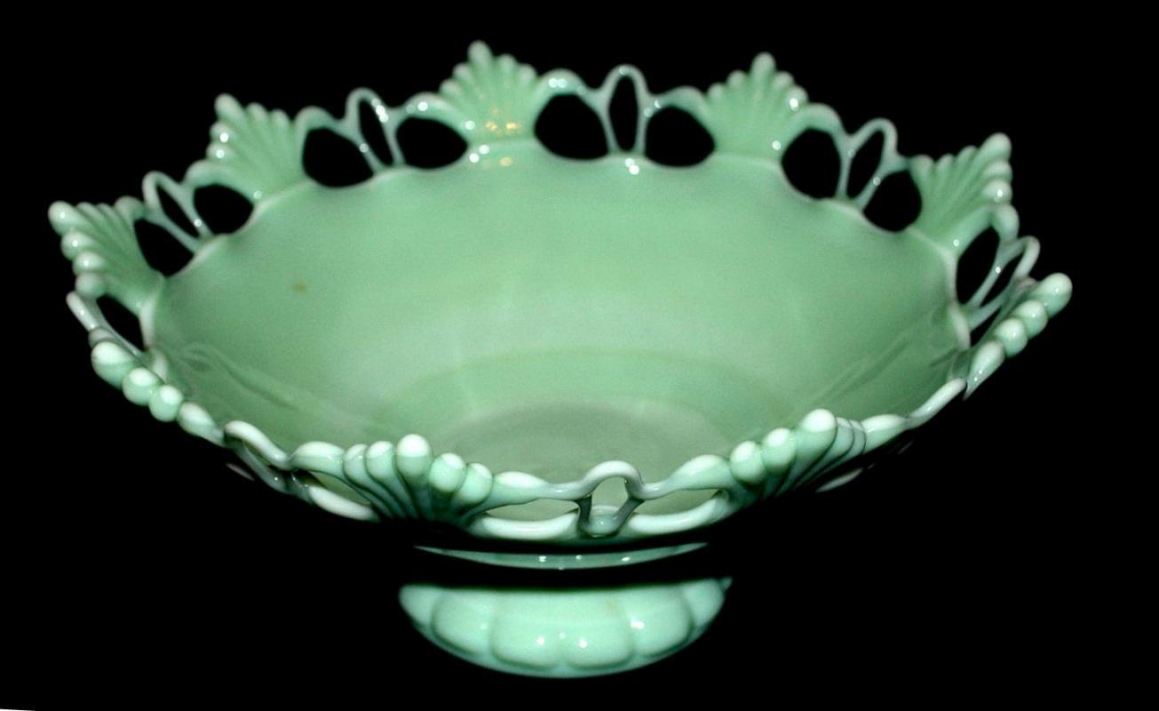 Westmoreland Elegant Jadeite Glass Footed Bowl Compote Open Work, Fan Detail