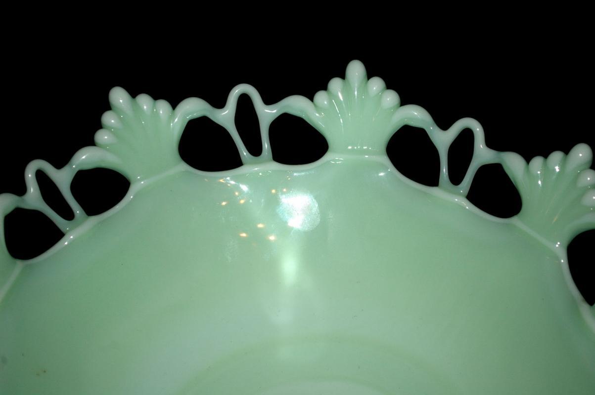 Westmoreland Elegant Jadeite Glass Footed Bowl Compote Open Work, Fan Detail