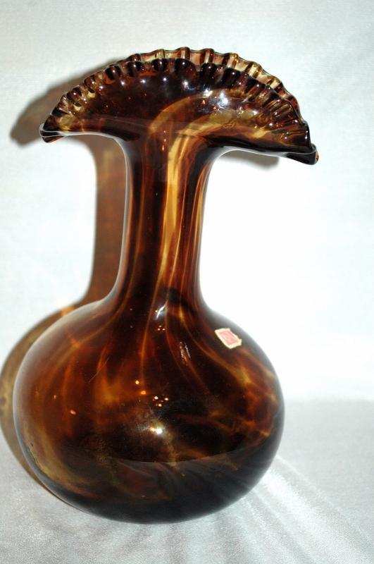 Empoli Tortoise Glass Vase with Crimped Top Mid Century Modernist