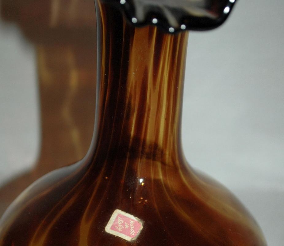 Empoli Tortoise Glass Vase with Crimped Top Mid Century Modernist