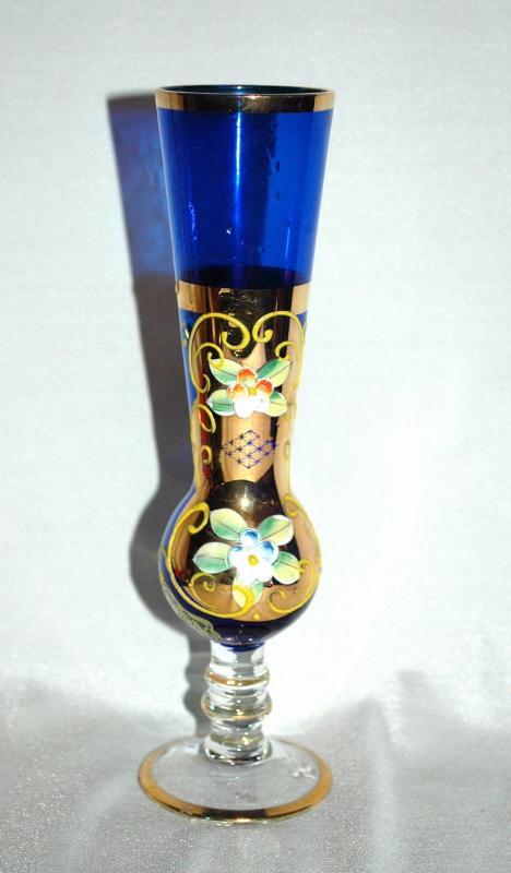 Cobalt Blue Clear Footed Bud Vase Hand Painted with Gold Leaf and Enameled Flower by Norcrest